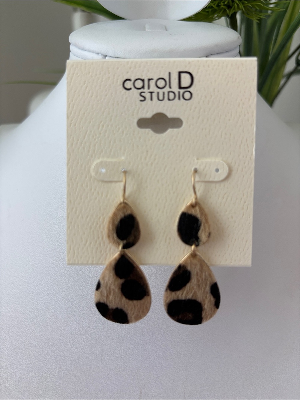 Carol D Studio Calf Hair leopard print two tiered teardrop dangle fishhook